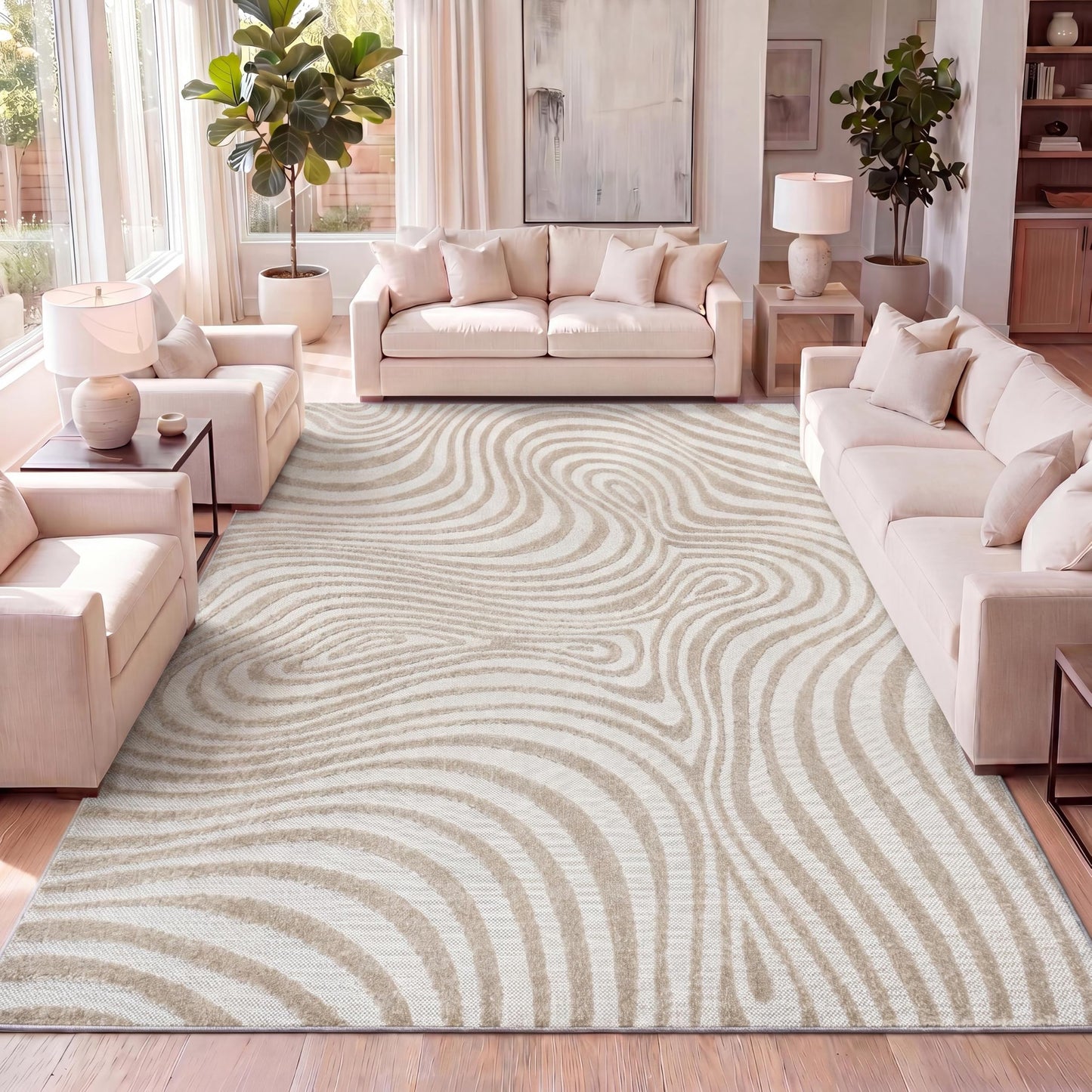 JONATHAN Y Maribo High-Low Abstract Striped Beige/Cream 3x5 Indoor/Outdoor Area Rug for Patio, Backyard, Living Room, Bedroom, Office, Hose-Washable (SCN103D-3)