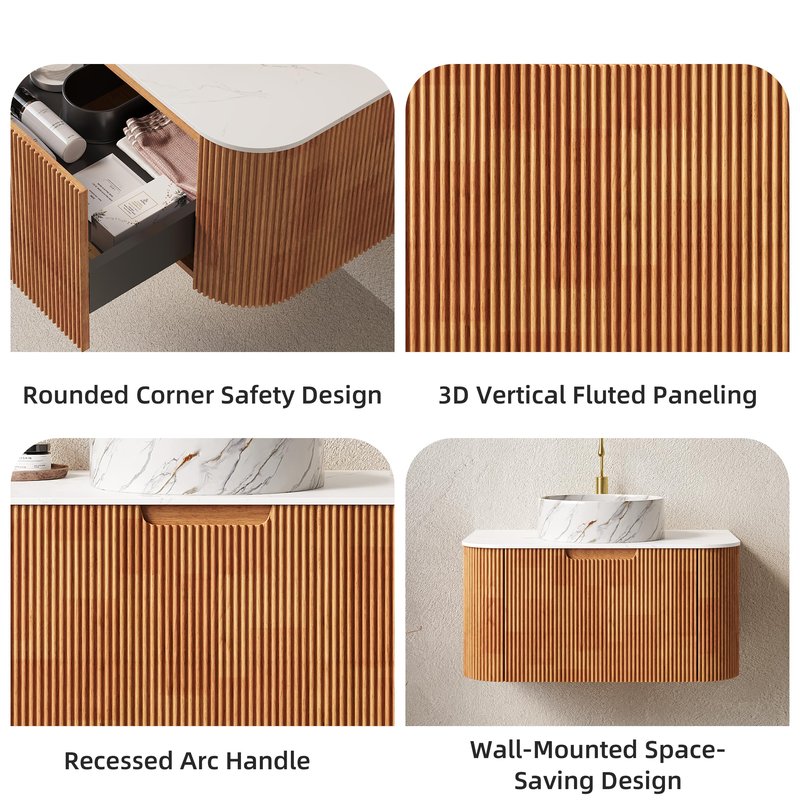 Elysionix 30 inch Bathroom Vanity with Sink, Pre-Installed Floating Bathroom Vanity Cabinet with Round White Ceramic Sink, Sintered Stone Countertop, Wall Mounted Storage Cabinet, Natural Wood Color