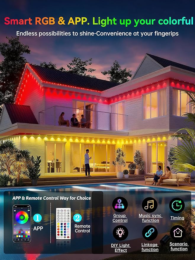 Permanent Outdoor Lights, 50FT RGB IP67 Waterproof Eaves Lighting, Smart LED Outside House Lights with App/Remote Control for Halloween, Christmas Decor, Holiday, Party, Daily, All Year-Round
