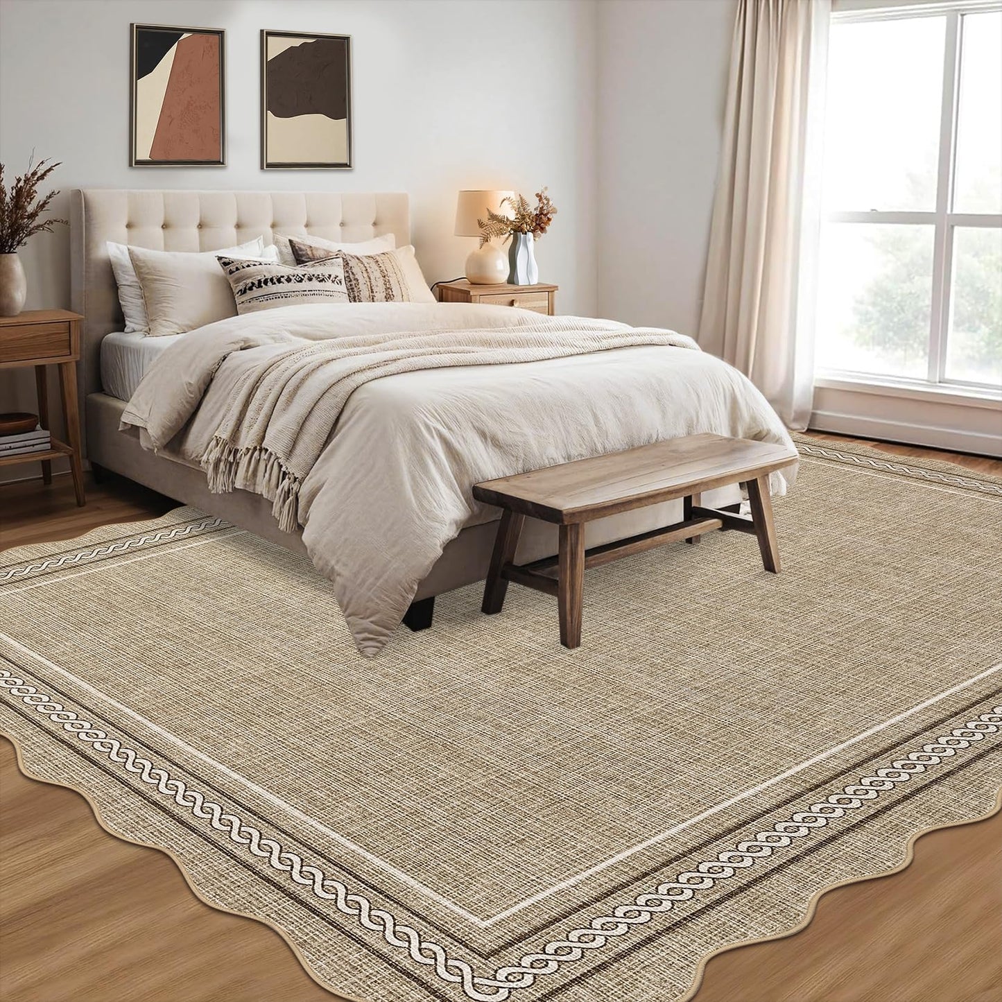 Garvee Scalloped Washable 5x7 Area Rugs for Living Room, Non Slip Neutral Bordered Soft Non Shedding Bedroom Rugs Foldable Low Pile Stain Resistant Carpet for Playroom Nursery Dining Room, Jute Color