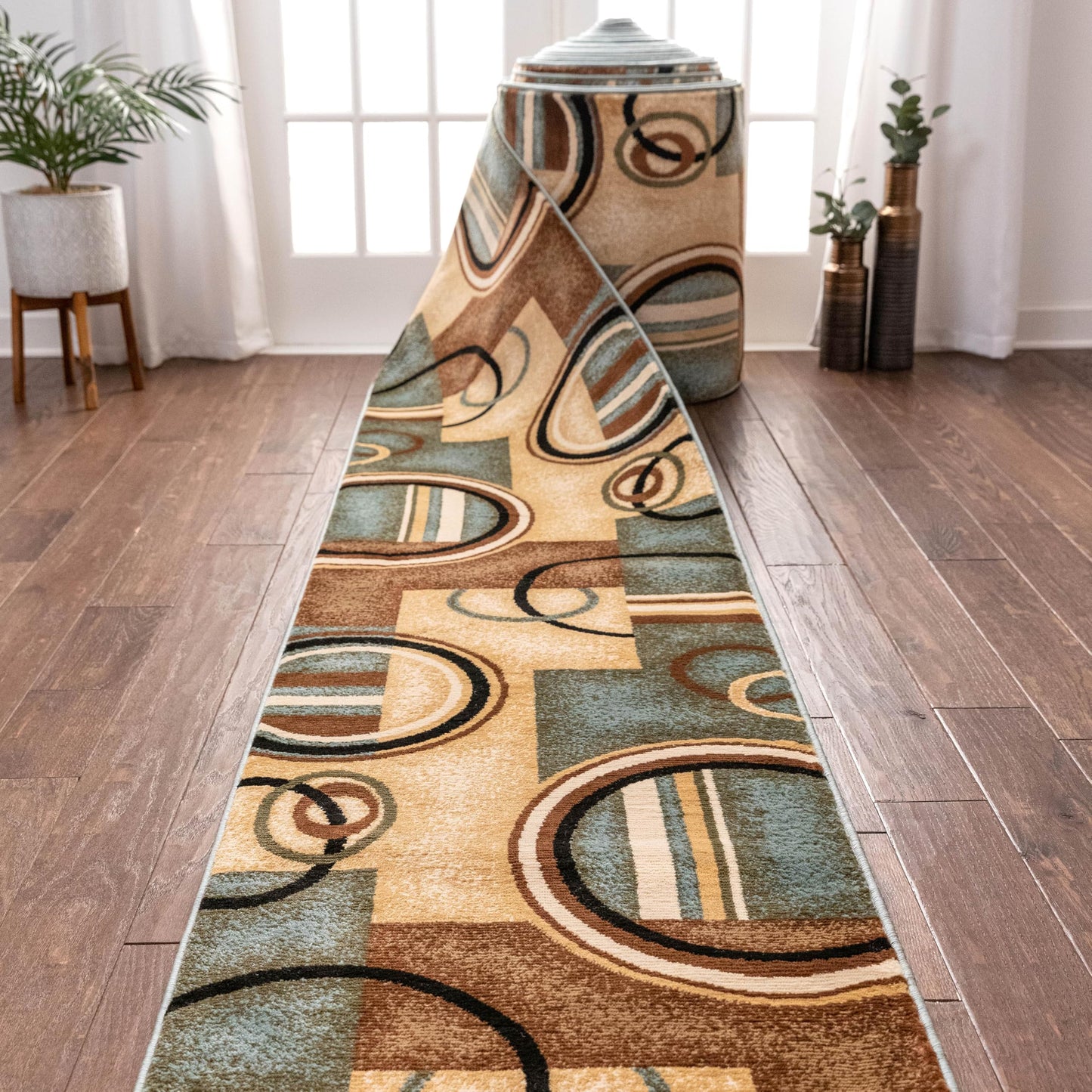 Well Woven Custom Size Hallway Stair Runner- Choose Length - Deco Rings Light Blue Geometric Modern 26 Inch Wide x 8 Feet Long Runner (26" x 8') Abstract Color Block Carpet