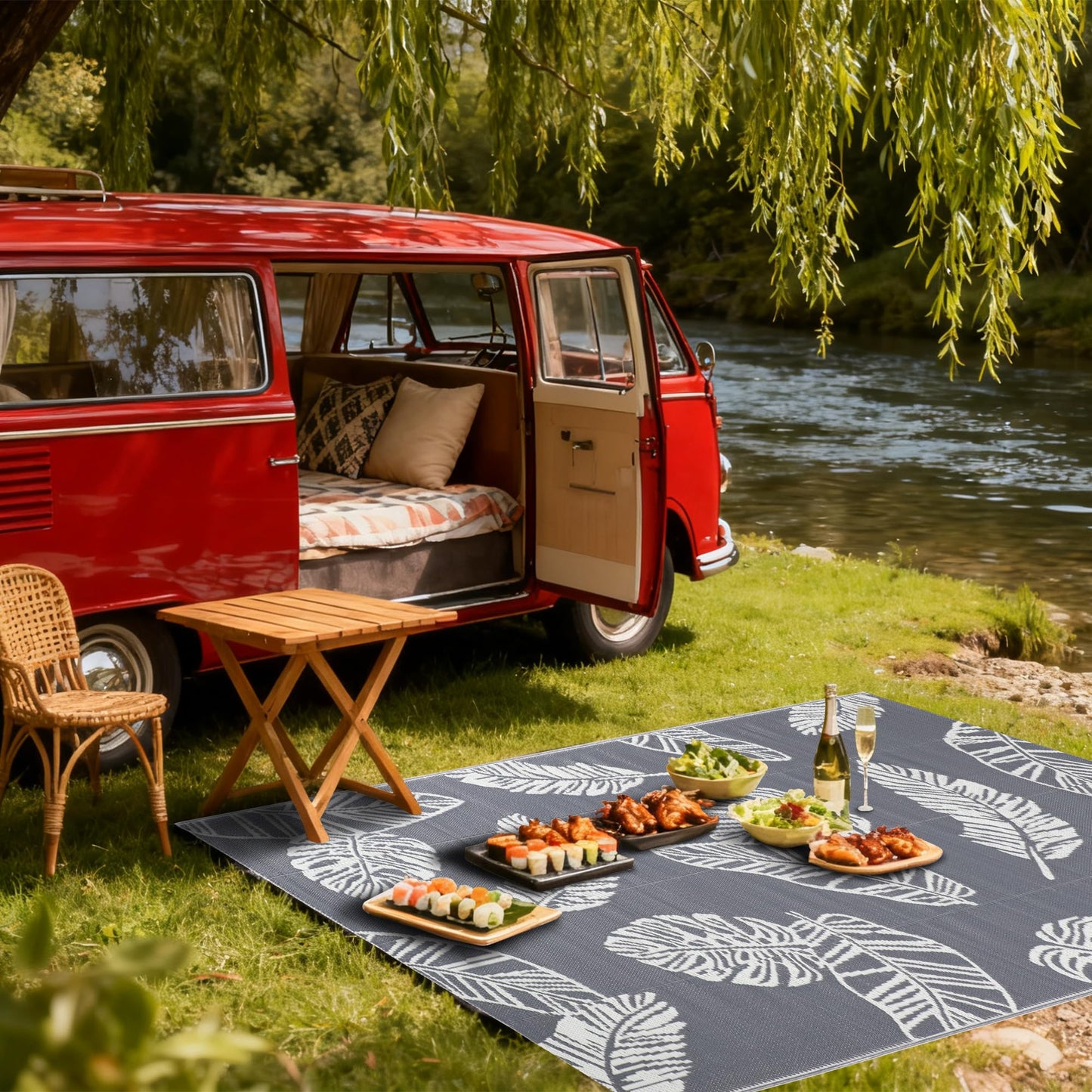 olofable ‌Reversible Waterproof Outdoor Rug – Lightweight UV-Resistant Rug for Patio, Camping & Beach (Grayish-White Leaves, 5' x 8' (Rectangular))