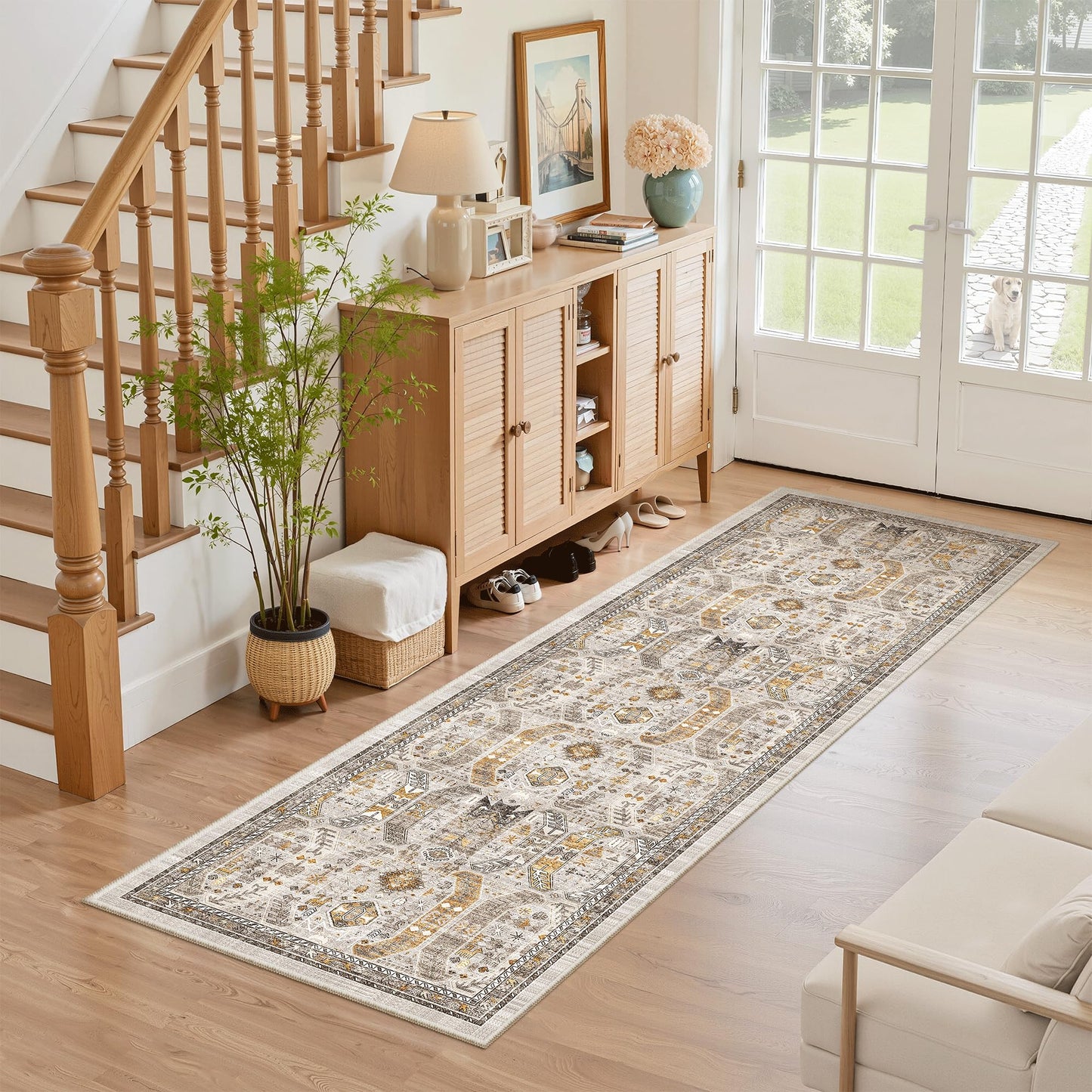 Madane Washable Runner Rug - 2x6 Rug Runners for Hallways 6 Feet Non Slip Vintage Kitchen Runner Rug Ultra-Thin Bathroom Runner Rugs Carpet Laundry Room Bedroom (2x6ft, Brown/Gold)
