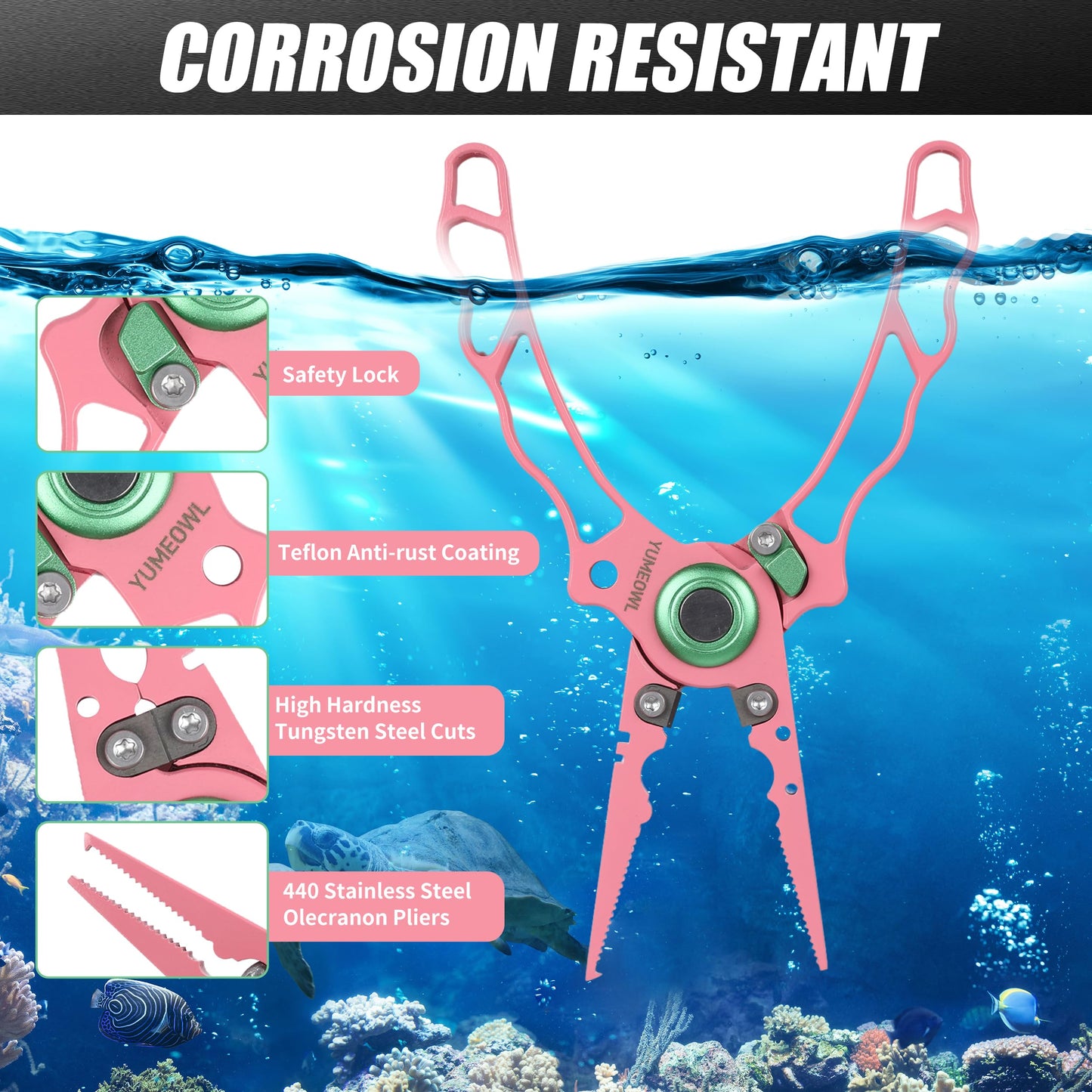 YUMEOWL Lockable Fishing Pliers & Hook Removers with Tungsten Steel Cutters, Non-Stick Coating, Ergonomic Handle and Lost Rope,Sheath - Lightweight, Multi-Function Fishing Gear, Pink 6.6" 3.8 oz
