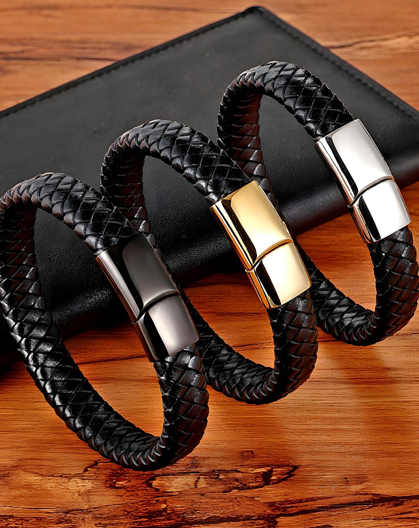 Deerllia Leather Bracelet for Men, Braided Cuff with Stainless Steel Clasp Stacked Multi Style Color Anniversary Father's Day Birthday Christmas Jewelry Gifts for Him, Black Clasp Brown Leather