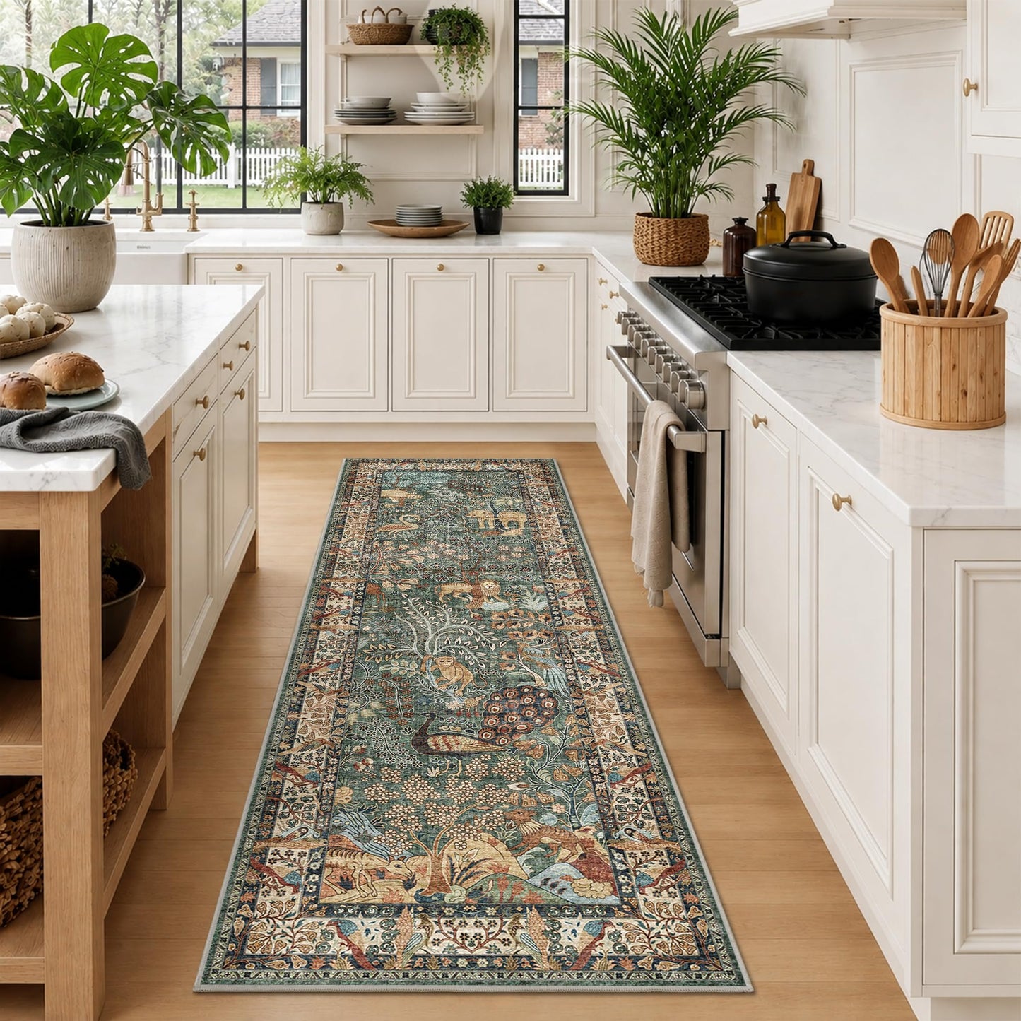 Runner Rug 2x6 Animal Botanical Trees Print Rug Vintage Kitchen Rugs Low Pile Non Slip Stain Resistant Hallway Runners Whimsical Long Carpets for Living Room Bedroom, Laundry Dorm, Green