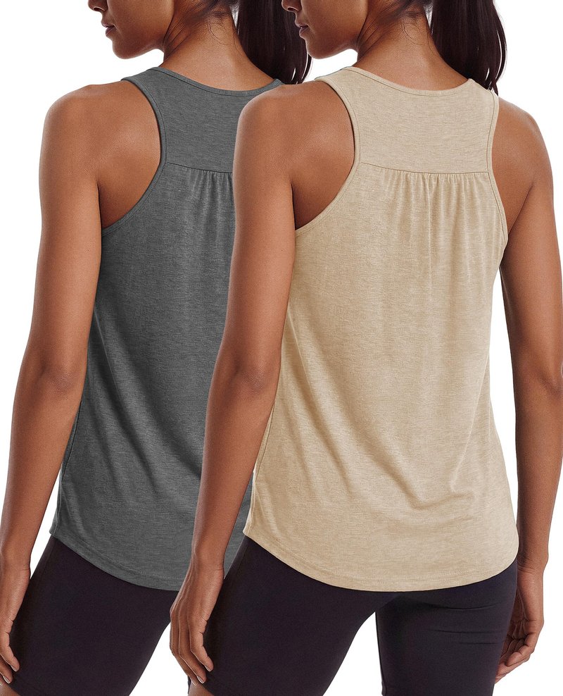 PINSPARK Workout Tank Tops for Women Racerback Yoga Gym Shirts Moisture Wicking Athletic Tops Running Exercise Pilates Outfits,Dark Grey/Khaki XL