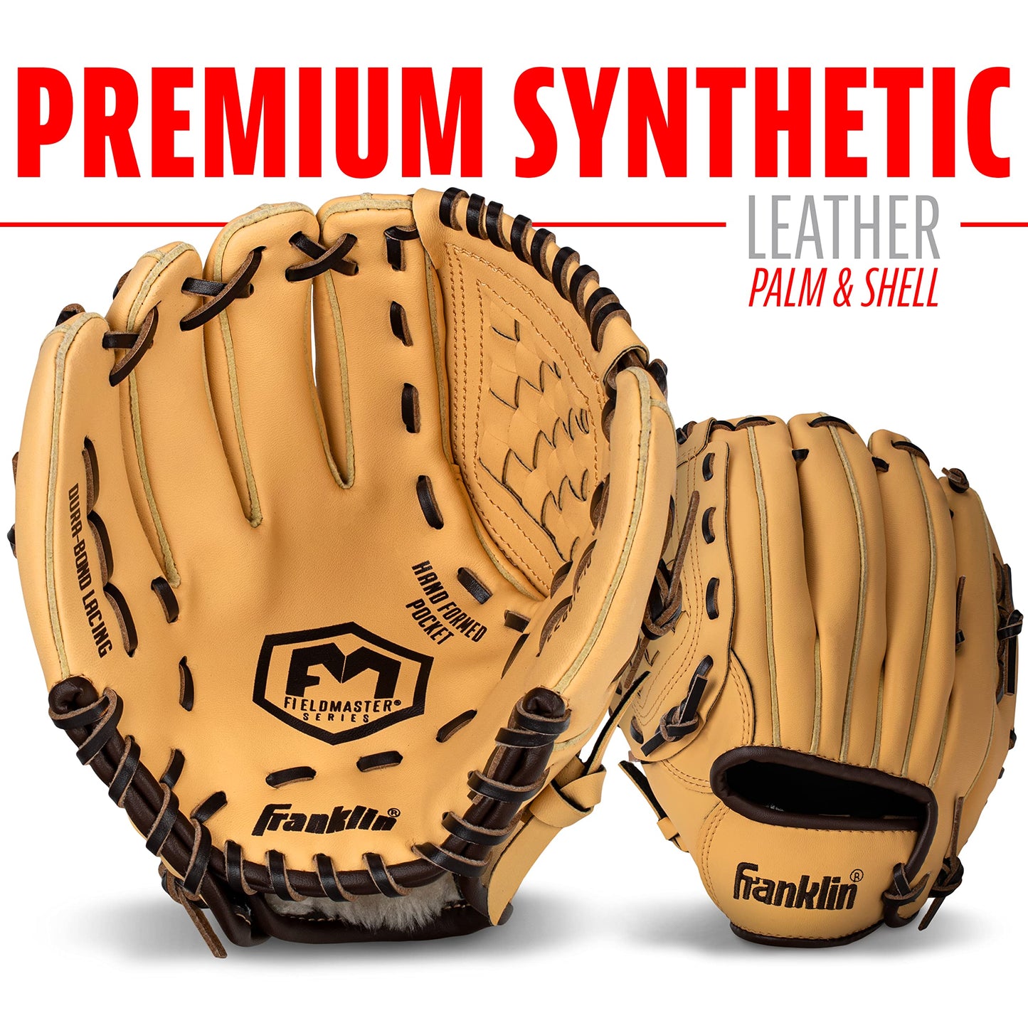Franklin Sports Field Master Baseball and Softball Gloves for Adults, Youth, and Kids - Durable and Soft Synthetic Leather - Adjustable Fit - Left Hand Throw - 10" in. Infield - Camel Brown