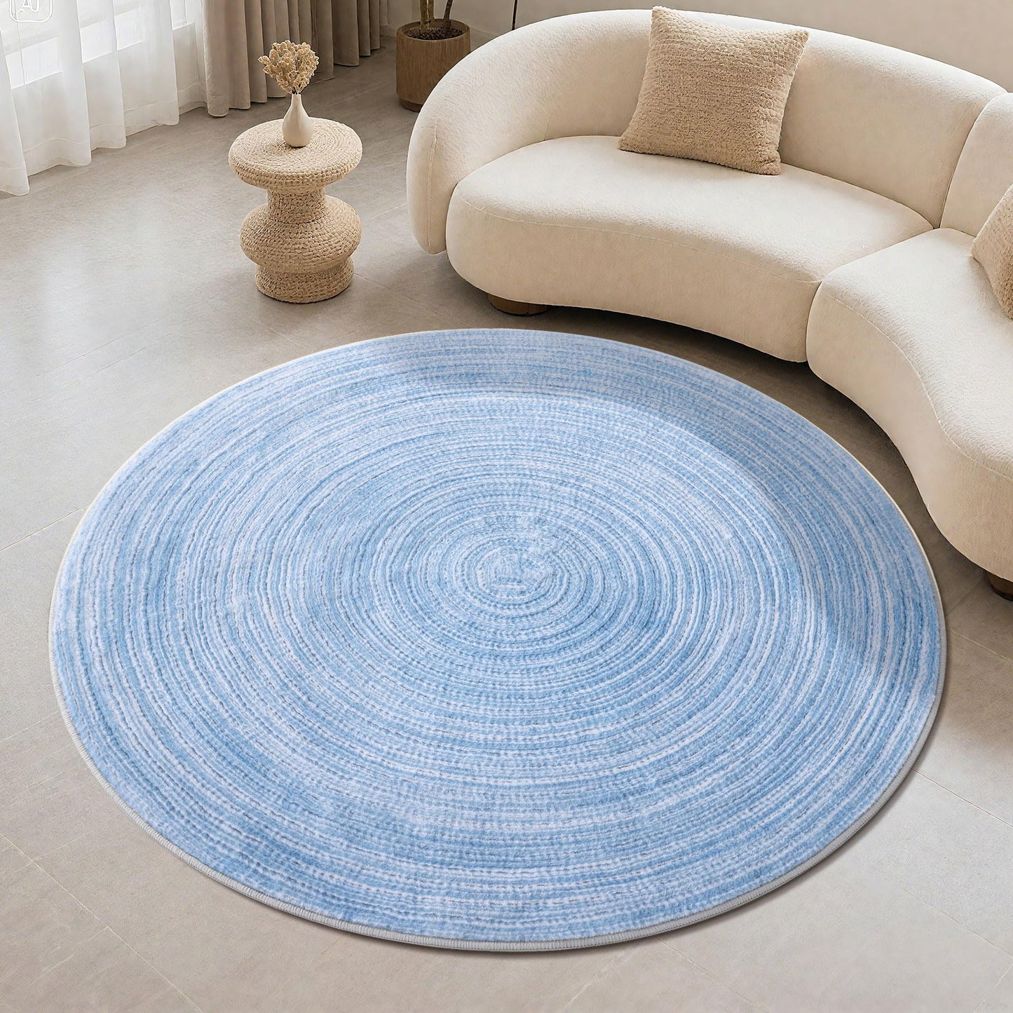 Carvapet Faux Jute Round Rug 5ft – Blue Jute-Like Pattern Design Washable Low Pile Area Rug with Non-Slip Rubber Backing, Soft Circle Carpet for Living Room Bedroom Nursery Bathroom
