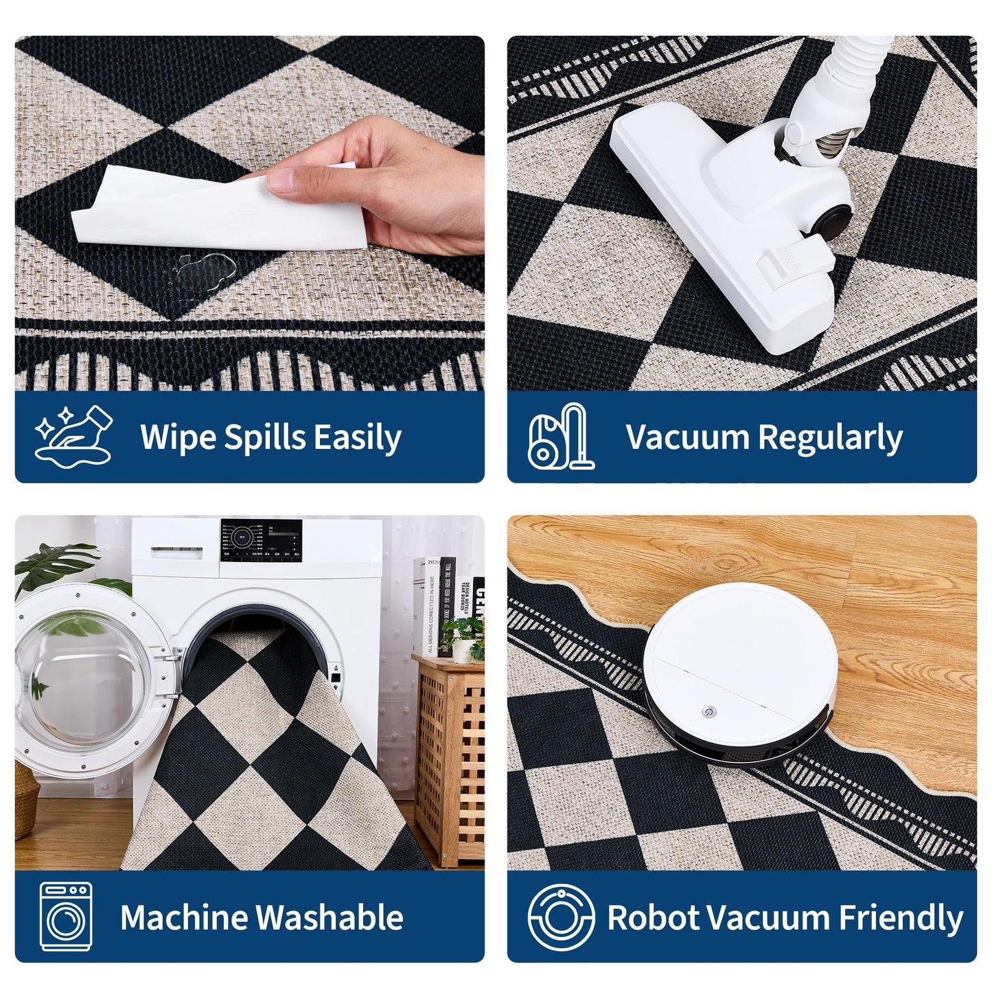 Garvee Easy Jute 2x6 Scalloped Border Kitchen Rugs Non Slip Indoor Outdoor Washable Rugs for Living Room Low Pile Floor Cover for Entryway Stain Resistant Indoor Carpet for Hallway，Black/White