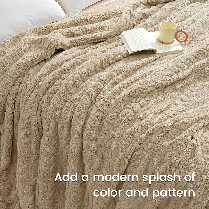 PHF Fluffy Sherpa Blanket Queen Size for Winter, Warm and Soft, 510GSM 3D Jacquard Thick Shaggy Fleece Plush Blanket for Sofa Bed, Khaki, 90"x90"