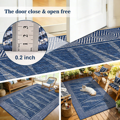 Jute Rug 3x5 Outdoor Patio Rug with Border, Washable Rugs for Entryway Porch, Farmhouse Non Slip Area Rugs with Rubber Backing, Non Shedding Carpet for Indoor Outdoor Bedroom, Courtyard, Blue