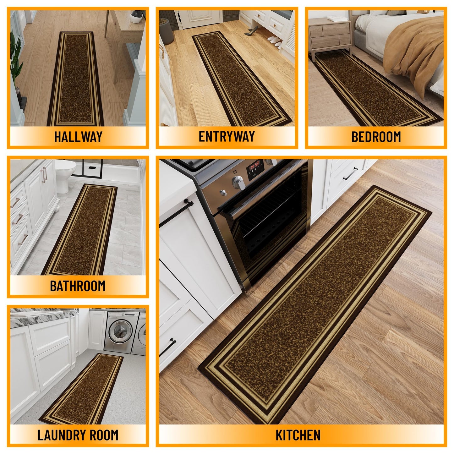Ottomanson Runner Rug 1'10" x 6' – Non Slip Rubber Backed Kitchen Rug for Sink Area, Hallway Carpet Runner, Low Pile Indoor Runner Rug for Laundry Room and Entryway, Border Brown