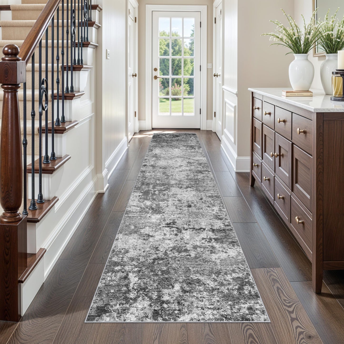 Washable Kitchen 2x10 Runner Rug: Non-Slip Low Pile Hallway Runner Modern Abstract 10ft Long Rugs for Entryway Living Room Soft Thin Stain Resistant Carpet for Bedroom Bathroom(Black/Grey/White, 2X10)