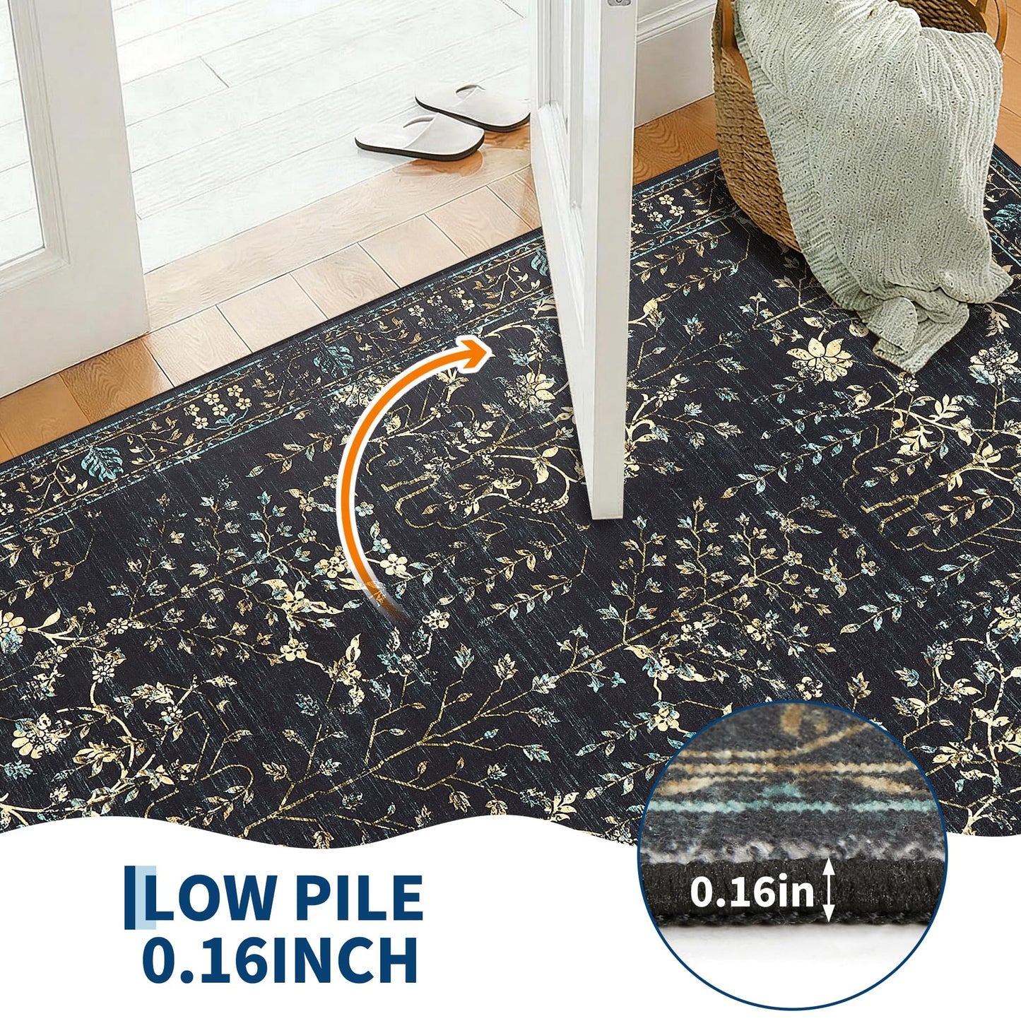 Garvee 9x12 Area Rug for Living Room, Vintage Retro Boho Rug, Washable Non Slip & Low Pile Carpet for Living Room, Bedroom, Dining Room, Black