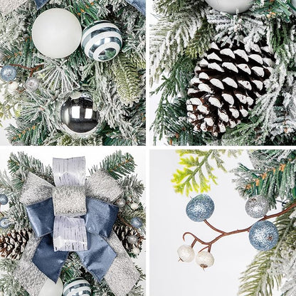 30" Christmas Teardrop Swag for Front Door Artificial Winter Swag Garland with Pine Cones, Berry Clusters, Blue Ball Ornaments and Ribbons for Thanksgiving Holiday Christmas Decoration