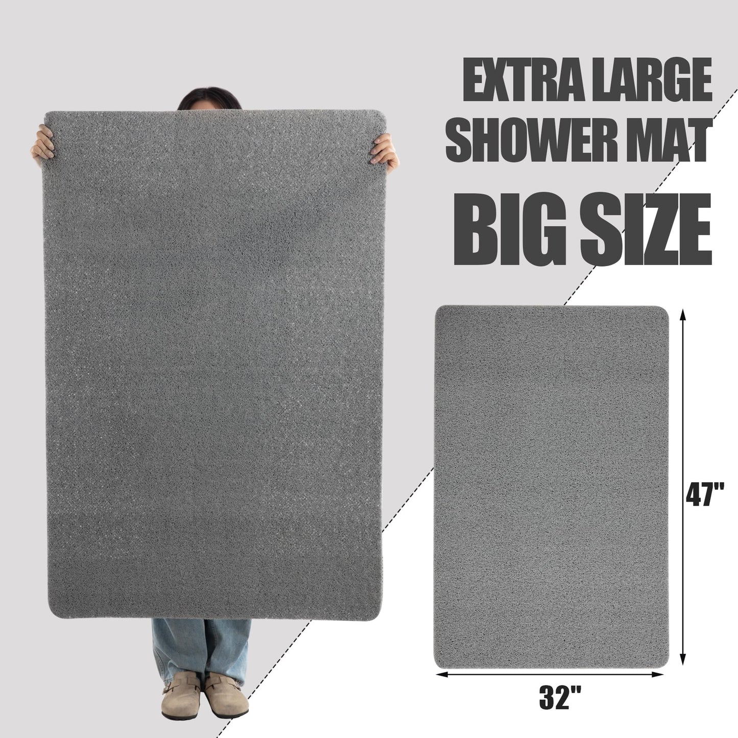 HOMBYS 47 x 32 Extra Large Shower Mat for Shower Stall Tub, Non Slip Bath Mat Bathroom Accessories, PVC Loofah Mats for Shower and Bathroom, Quick Drying, (Grey, 47"x32")