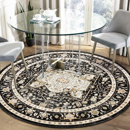 MUJOO Round Rug 5ft,Black Circle Area Rug Washable,Boho Circular Rugs for Bedroom Living Room,Non Slip Throw Carpet Soft Vintage Black and Gold Floral