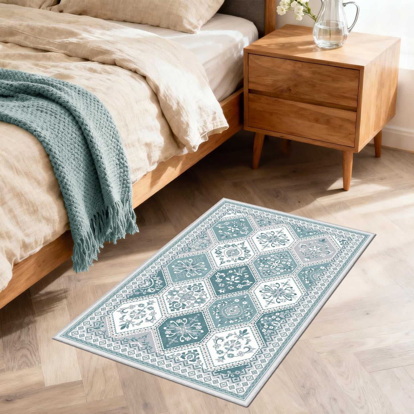 TTelephant 2x3 Washable Entryway Rugs, Soft Non-Slip Boho Moroccan Rug, Low-Pile Printed Indoor Teal Throw Rugs for Entrance, Kitchen, Bedroom Bedside- Teal