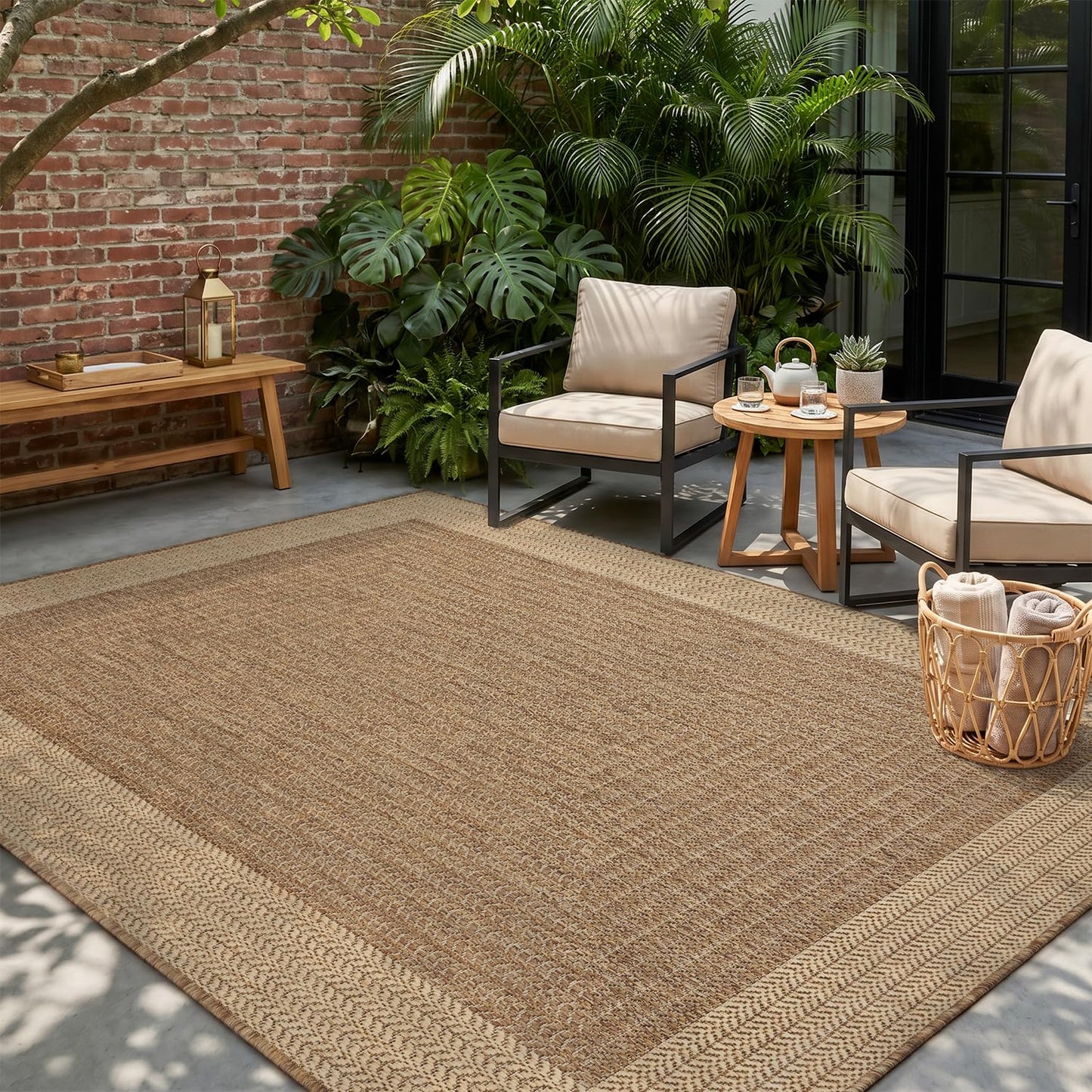 MontVoo-Outdoor Rug-Patio Rug 5x7 ft Polypropylene Indoor Outdoor Rugs Outdoor Carpet for Patio Deck Balcony Porch, Textured Weave, Durable for High Traffic, Fade-Resistant, Modern Neutral Brown