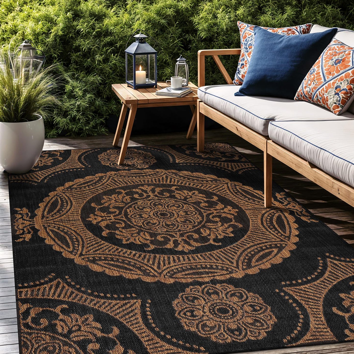 Luul Home Medallion Outdoor Rug 6x9 Washable Outside Carpet for Indoor Patio Porch Waterproof Easy Cleaning Non Shedding Area Rugs Nut Brown 6 x 9