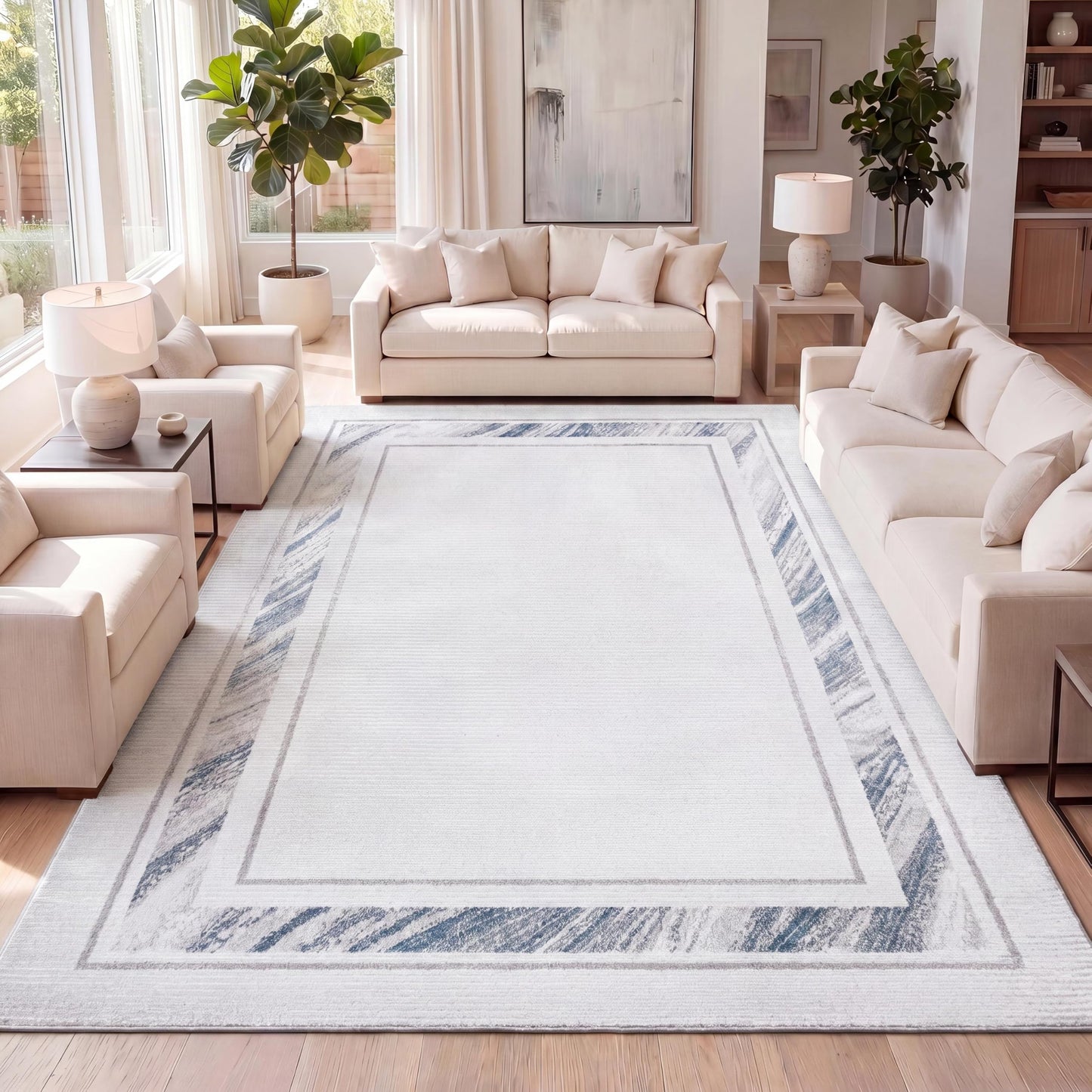 JONATHAN Y Marble Pattern High-Low Silver/Blue Indoor Area Rug, 3x5, Athens Classic Border, Easy-Cleaning for Living Room, Bedroom, Kitchen, Pet Friendly, Non-Shedding (CAR102B-3)