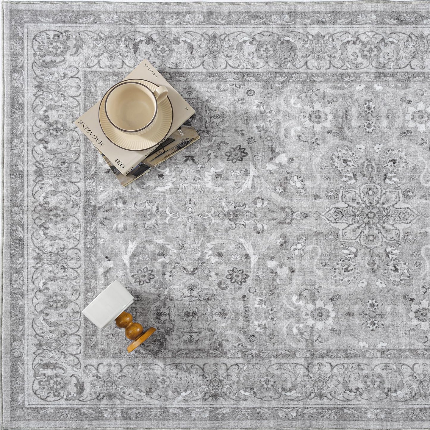 PureCozy Gray 3x5 Area Rug Entryway Washable Vintage Carpet Office Small Indoor Non Slip Soft Low Pile Thin Stain Resistant Distressed Accent Throw Rug for Entrance Bedroom Dining Living Room