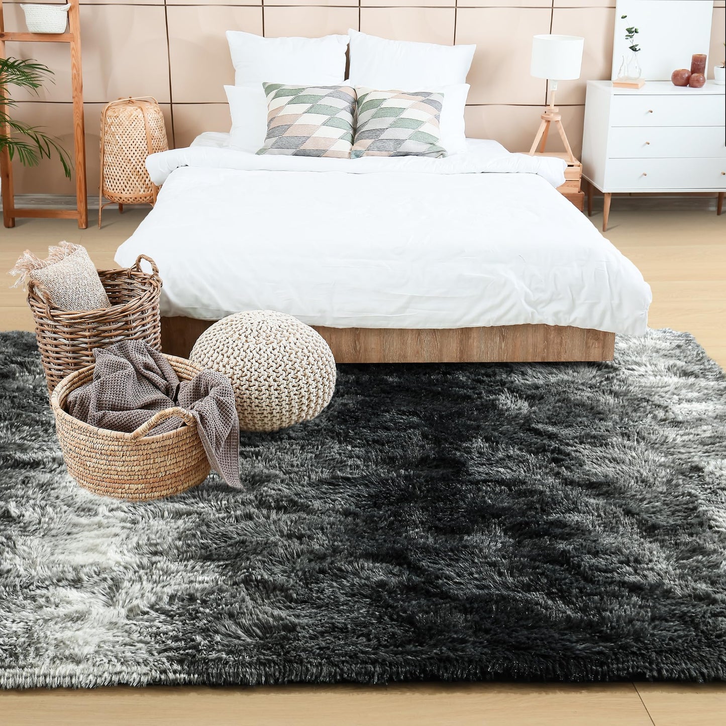 4x6 Black and White Area Rug for Bedroom Living Room Dining Room, Fluffy Shag Soft Plush Furry Carpet, Non-Slip Indoor Floor Mat for Kids Home Decor