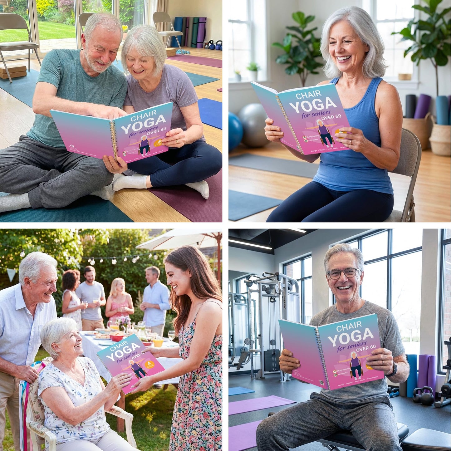 Chair Yoga for Seniors Over 60 Book and Chart, 30 Poses with Video Guide, Spiral Bound, Large Print, 30-Day Laminated Chart, Seated Exercises for Weight Loss, Flexibility, Gift for Women and Men