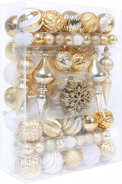 Christmas Tree Ornaments Decorations Set-116ct 1.18-6.5 Inch Assorted White Gold Shatterproof Decorative Hanging Christmas Ball Ornaments Bulk,Xmas Tree Tabletop Decorations for Holiday Decor