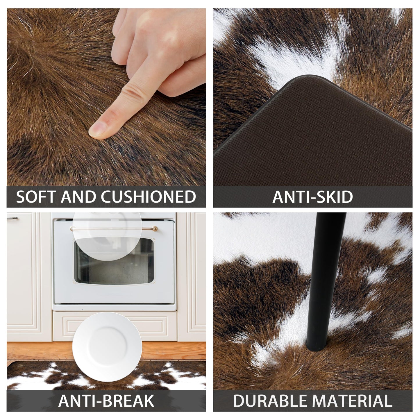 Western Cowhide Kitchen Rugs Set of 2 Black Brown Cow Print Rugs Anti Fatigue Mats for Floor Non Skid Waterproof Comfort Standing Runner Mat for Sink Laundry Office (Brown, 17.5"x29.5"+17.5"x47")