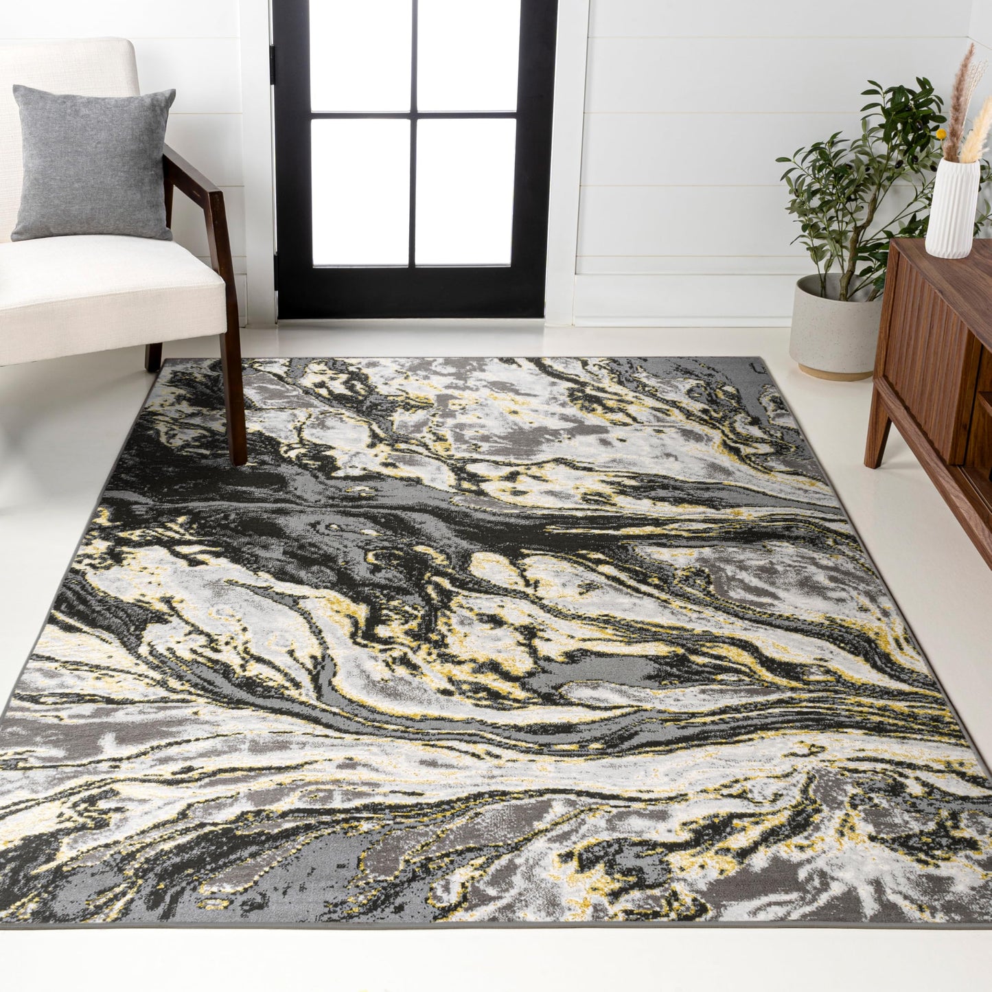 JONATHAN Y Swirl Marbled Black/Yellow Indoor Area Rug 3X5 ft, Abstract for Living Room, Bedroom, Kitchen, Office, Easy-Cleaning, High Traffic, Pet-Friendly, Non-Shedding SOR203D-3