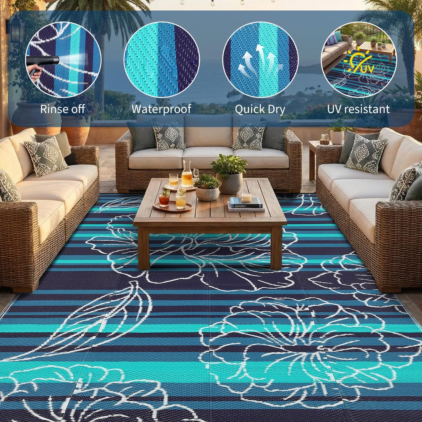 Garvee 5x8 Outdoor Waterproof Rug, Floral Outdoor Area Rug，Reversible Plastic Straw Patio Rug, Portable Camping Mat for RV, Picnic, Beach, Balcony, Garden & Camping Black&Blue