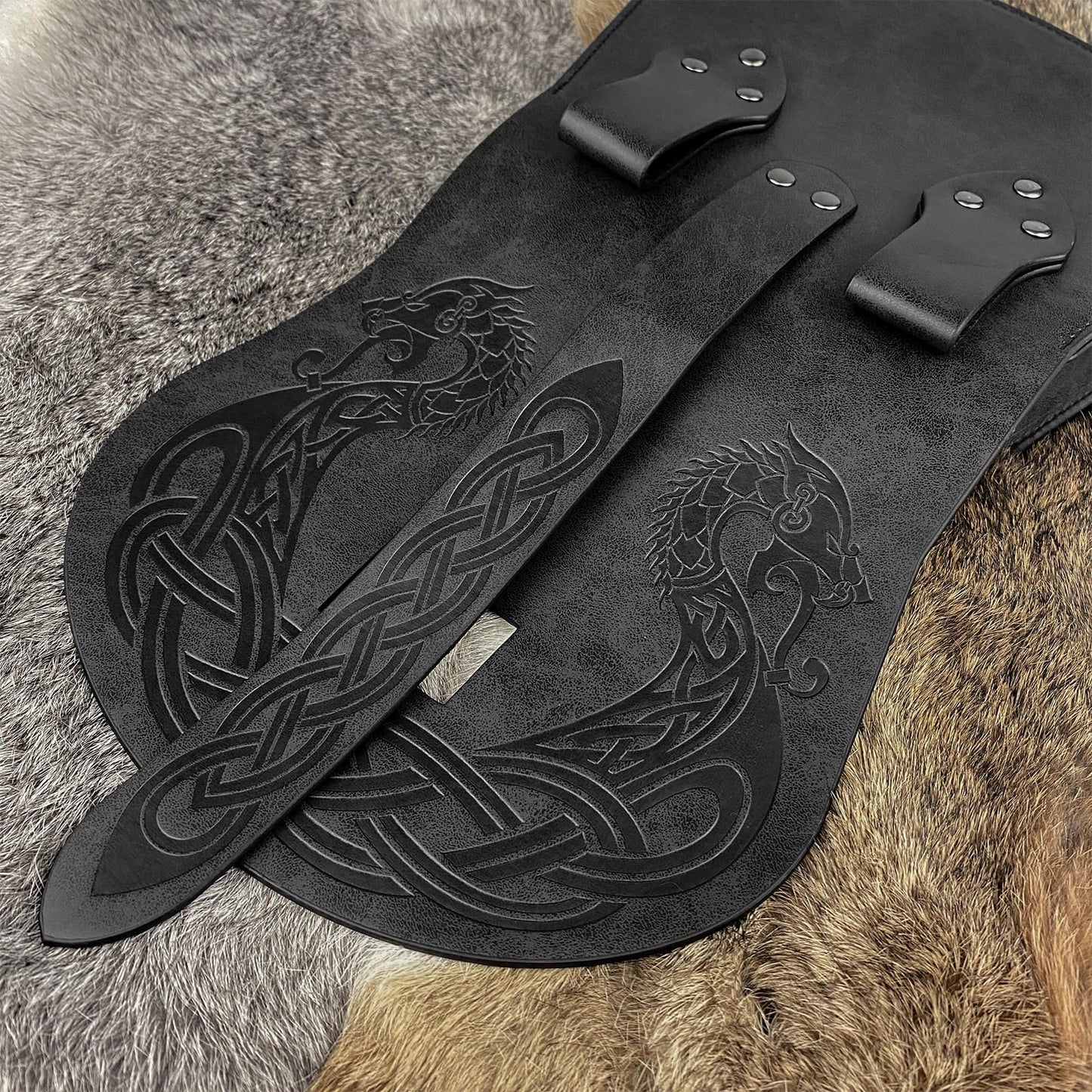 HiiFeuer Viking Embossed Langskip Belt Pouch, Medieval Faux Leather Flap Saddle Side Bag Purses, Retro Portable Belt Bag (Black A)