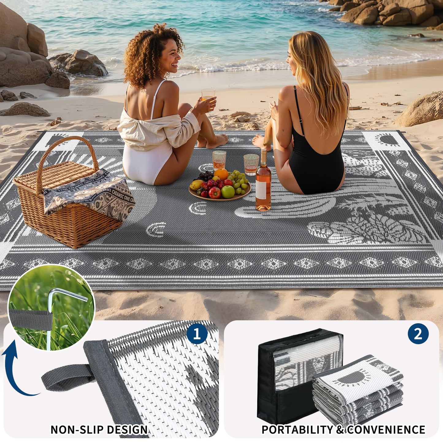 Garvee Reversible Cactus Outdoor Rug 8x10 for Patio, Waterproof Outdoor Area Rug, Modern Desert Botanical Indoor Outdoor Rugs, Plastic Straw Rug for RV, Camping, Deck, Grey
