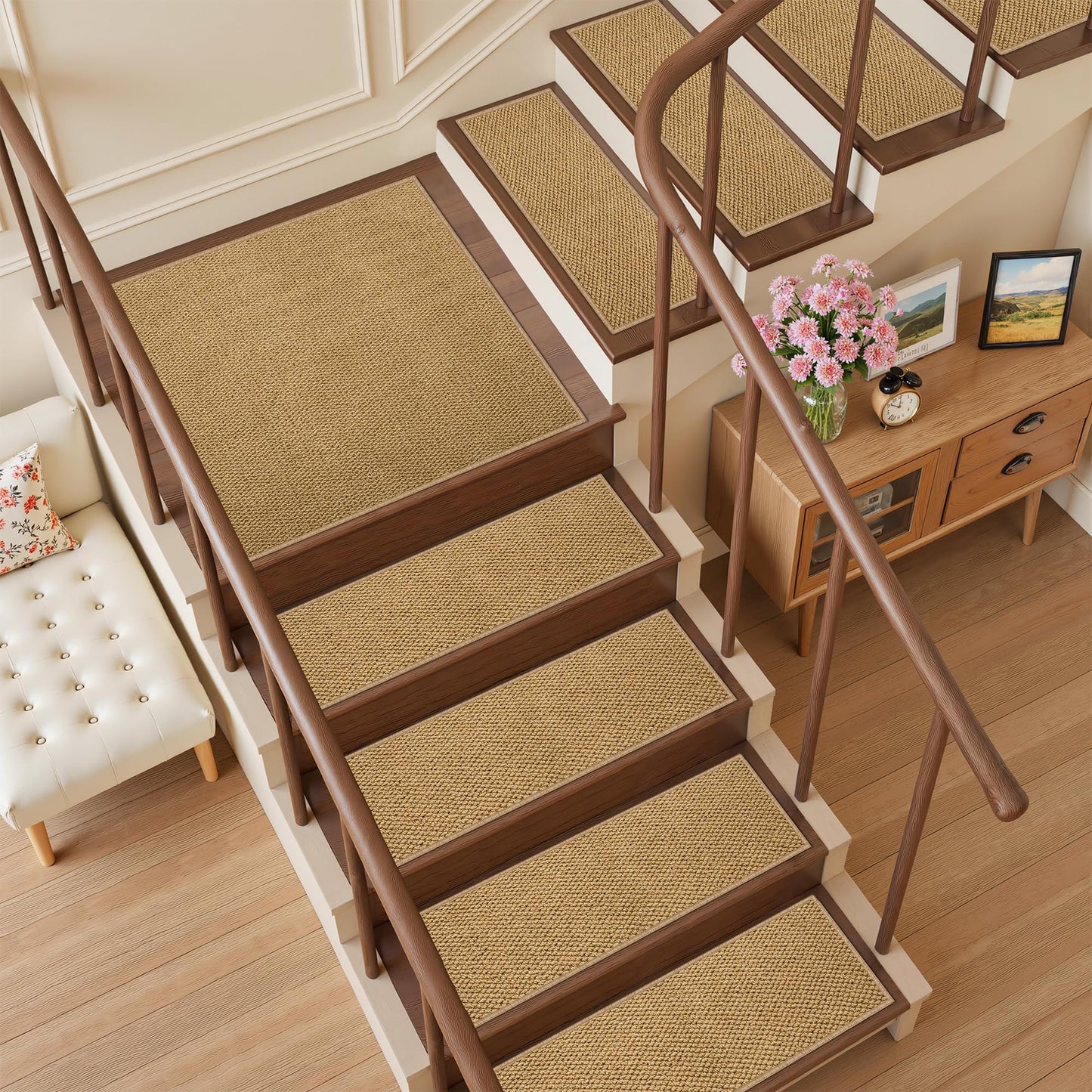 ComiComi 4PCS Non-Slip Stair Treads - 8"x30" Edging Stair Treads for Wooden Steps Washable Peel and Stick Indoor Stairs Tread Rug Stain Resistant Staircase Mat for Kids and Pets (4pc, Brown)
