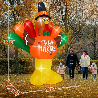 14FT Thanksgiving Inflatables Turkey, Giant Blow Up Turkey with Colorful Tail, Lighted Thanksgiving Outdoor Decorations Give Thanks Turkey Pumpkin for Fall Autumn Harvest Holiday Yard Decor