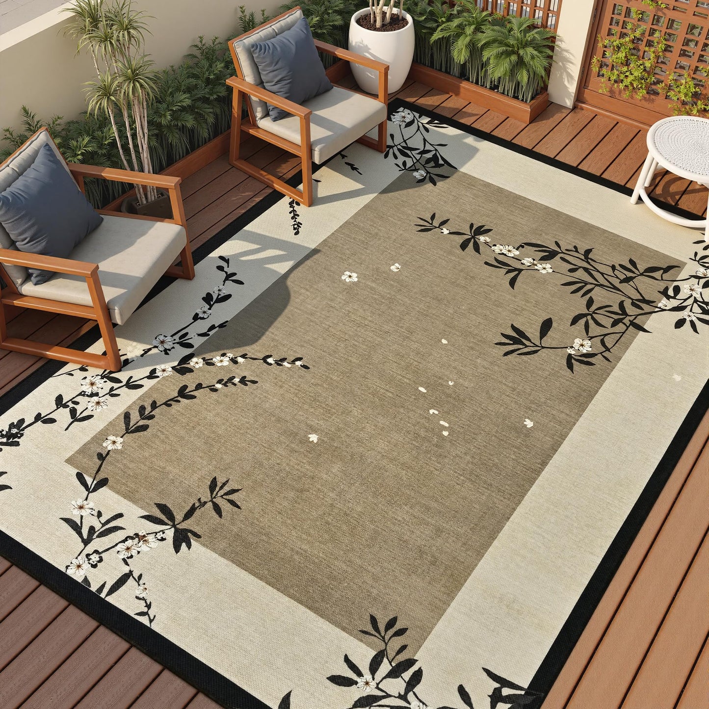FALARK Easy Jute 4x6 Outdoor Patio Rug, Washable Rugs for Entryway Indoor Living Room Carpet, Oriental Brown Cherry Blossom Branch Neutral Non Slip Thin Door Carpet for Backyard Bedroom Kitchen