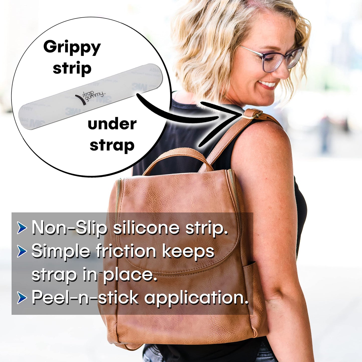 Strap Gummy - Prevent Strap Slips - The ORIGINAL Non Slip Shoulder Strap Grip Strips - Set of 4 Pieces - 2 Large Black & 2 Small Semi-Clear