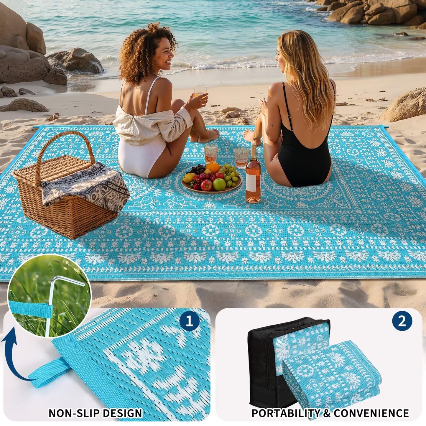 Garvee Reversible Outdoor Rug 5x8 for Patio, Waterproof Outdoor Area Rug, Boho Medallion Indoor Outdoor Carpet for Porch, Plastic Straw Rug for RV, Camping, Deck, Blue and White