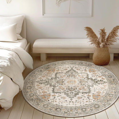 GENIMO 5FT Round Area Rugs for Living Room, Circle Rugs Machine Washable Low Pile, Non Slip Vintage Rug for Bedroom, Dining Room, Home Office, Light Taupe Brown