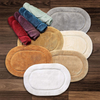 Superior Non-Slip 2 Piece Bath Rug Set, Ultra Plush, Soft and Absorbent 100% Combed Cotton Pile - Traditional Oval Bath Mat Set, Sage