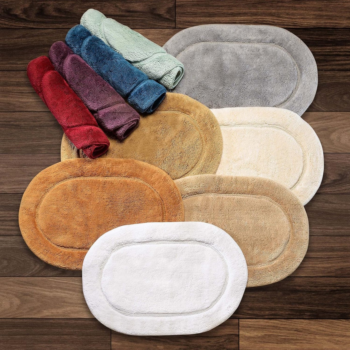 Superior Non-Slip 2 Piece Bath Rug Set, Ultra Plush, Soft and Absorbent 100% Combed Cotton Pile - Traditional Oval Bath Mat Set, Toast