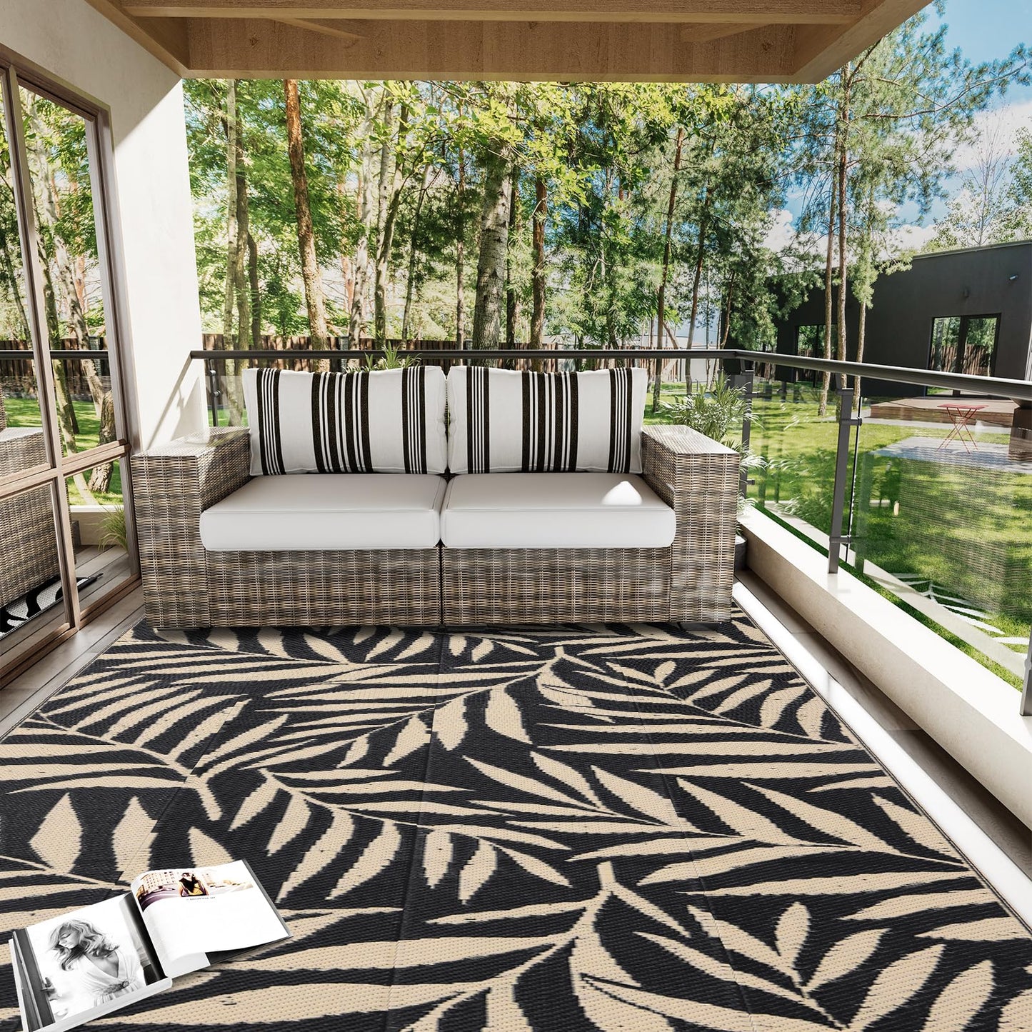 OLANLY Waterproof Outdoor Rug 6x9 ft, Reversible Outdoor Plastic Straw Rug with Leaf Pattern, RV Mat, Indoor Outdoor Carpet for Patio, Camping, Balcony, Deck, Backyard, Black & Beige
