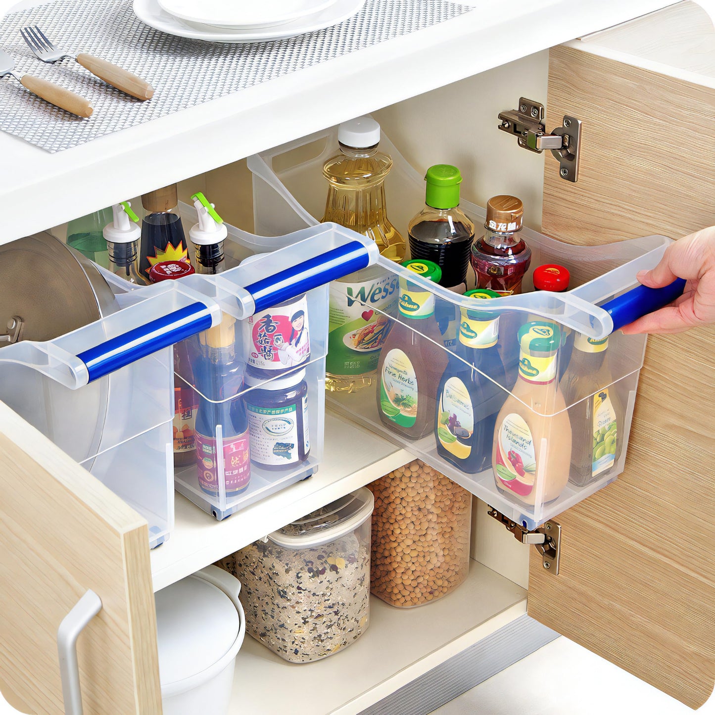 MANO 2Pack Large Roll Out Bottle Organization Bins Clear Plastic Refrigerator Organizer with 4 Wheels - Perfect for Pantry, Kitchen, and Under Sink Storage