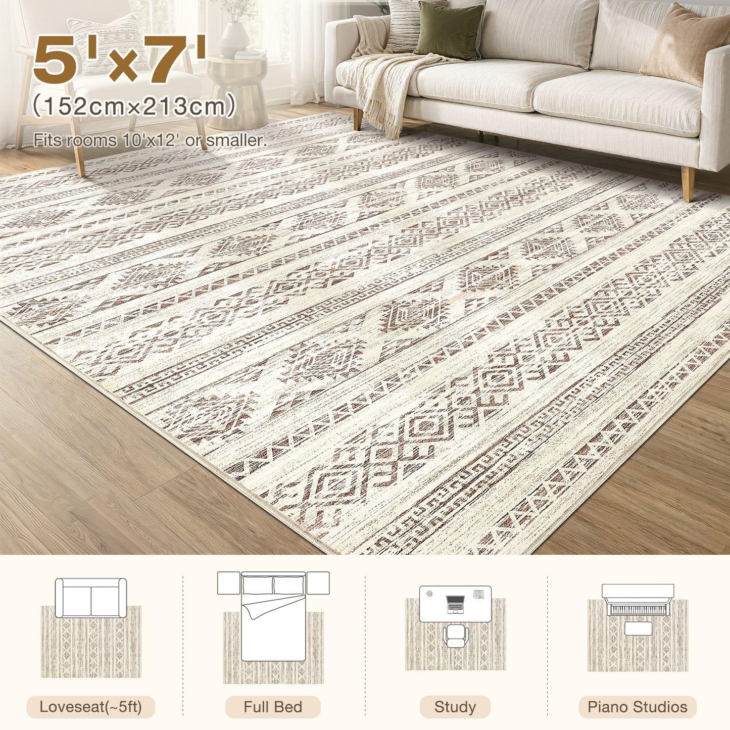 Tortania Area Rug Living Room Rugs - 5x7 Washable Large Soft Neutral Boho Moroccan Bohemian Farmhouse Rug Indoor Floor Carpet for Bedroom Under Dining Table Home Office Decor - Brown