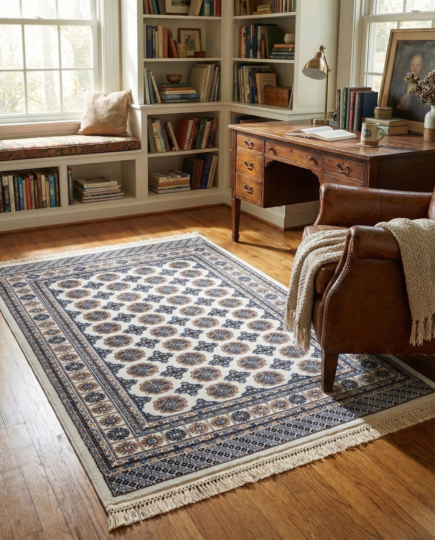 Rugs.com - Bokhara Rug – 4' 1 x 6' 1 Ivory Easy-Clean Stain-Resistant Area Rug – Modern Geometric Design with Fringe, Perfect for Living Rooms, Entryways, and Offices