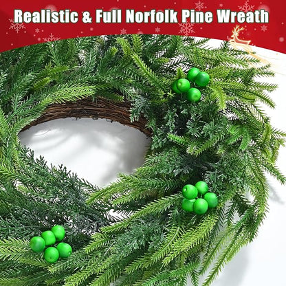 24 Inch Christmas Wreaths for Front Door, 2 Pack Real Touch Norfolk Pine Wreath Large Christmas Wreath with Lights, Winter Wreaths Christmas for Outdoor Indoor Windows Xmas Decor