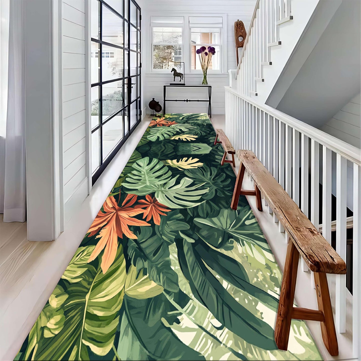 Tropical Leaves Runner Rug, 2x6ft, Hawaiian Bohemian Palm Leaf Monstera Plant Runner Hallway Rug, With Rubber Backing Green Leaf Soft Floor Rug for Bedroom Kitchen Dining Room Laundry Room - Green