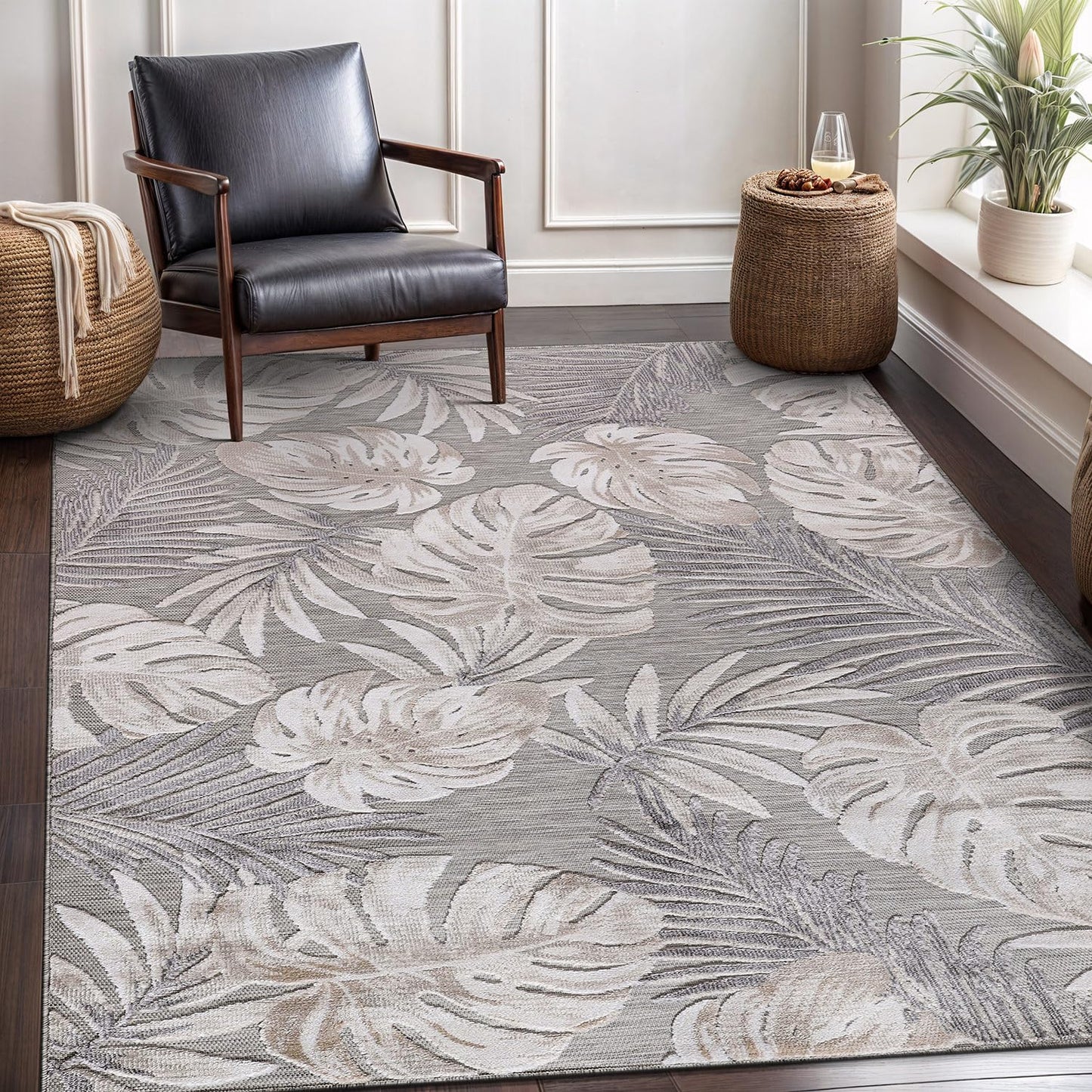 CAMILSON Indoor Outdoor Rug, Beige 6’x9’ Leaf Tropical Botanical Area Rugs for Indoor and Outdoor patios, Easy-Cleaning Non-Shedding Living Room, Garden and Kitchen Washable Outside Carpet (6x9)